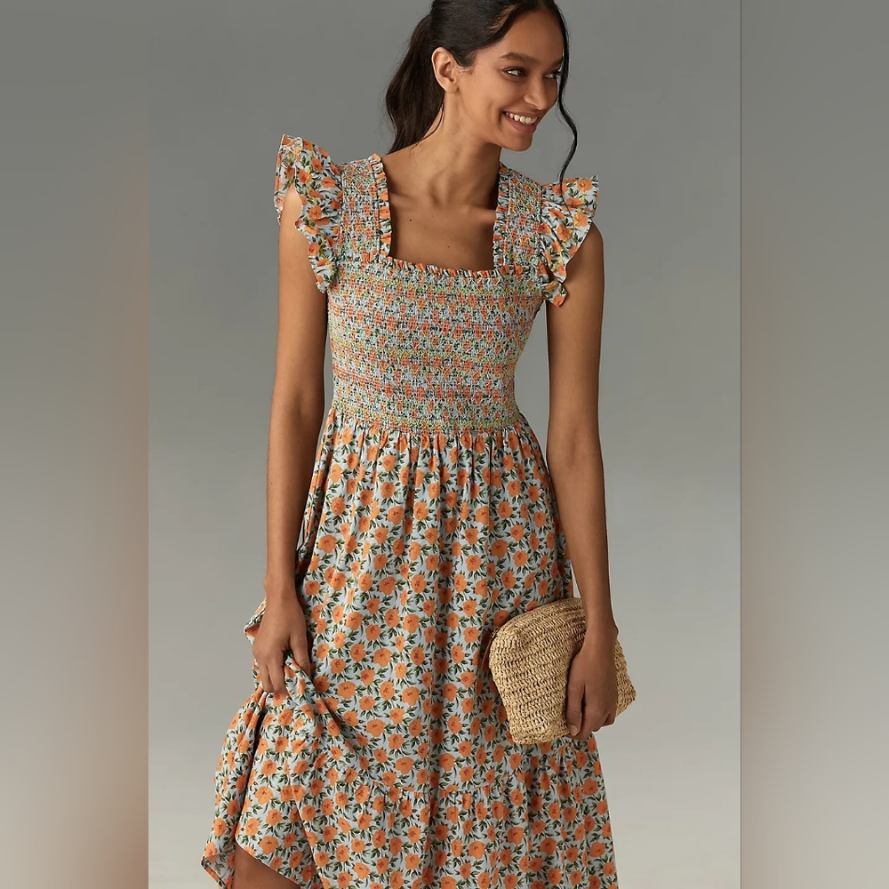 Anthropologie Orange and Blue Ruched Sundress